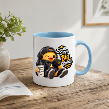 Fitness Mug "Small Steps Big Results Fitness Duck" 325ml Ceramic Coffee Mug – Cute Fitness Duck in Black Hoodie, Cap Headphones Holding Dumbbell Protein Shaker Gym Motivation Gift | Available in Multicolours | Fast Dispatch by UK Seller (M3257)