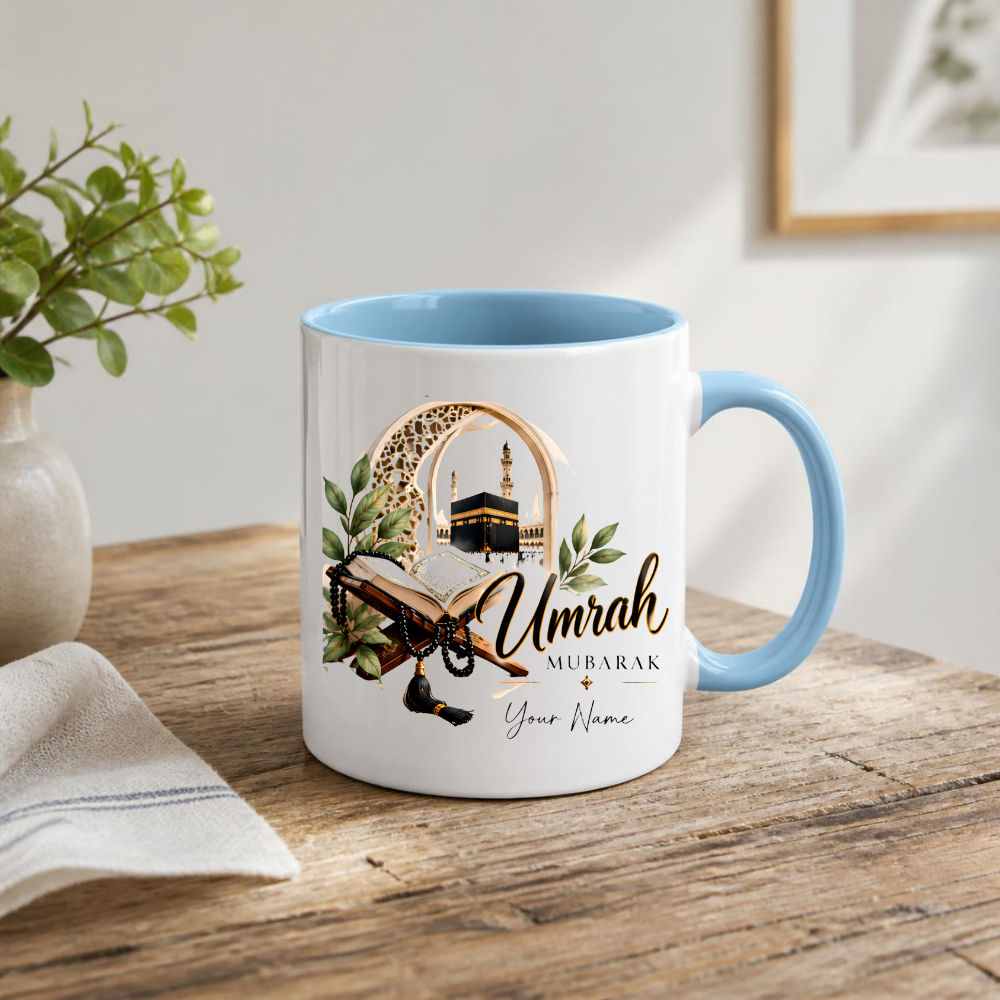 Personalised Umrah Mubarak Mug 325ml Ceramic Coffee Tea Cup – Custom Name, Holy Kaaba, Open Quran & Tasbih Prayer Beads Islamic Pilgrimage Gift for Family, Friends, Hajj Celebration – Fast Dispatch by UK Seller (M3489)