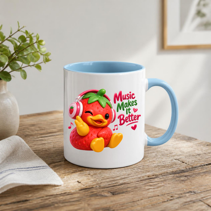 Music Mug "Music Makes It Better Strawberry Duck" 325ml Ceramic Coffee Mug – Cute Winking Strawberry Duck with Pink Headphones Peace Sign Fun Gift For Music Lovers Friends | Available in Multicolours | Fast Dispatch by UK Seller (M3251)