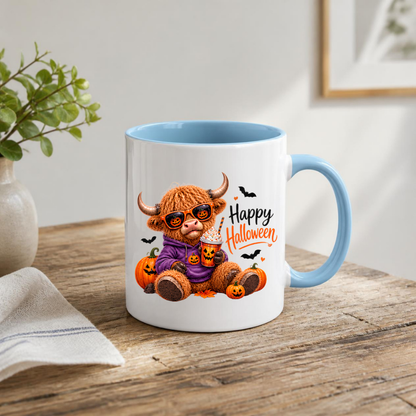 Halloween Mug "Cool Pumpkin Spice Happy Halloween" Cool Hoodie Highland Cow 325ml Ceramic Coffee Mug – Trendy Halloween Tea Cup with Pumpkin Sunglasses Iced Drink Graphic Gift | Available in Multicolours | Fast Dispatch by UK Seller (M3169)