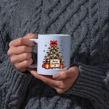 Cozy Mug "Merry Christmas" Red Bow Christmas Tree 325ml Ceramic Coffee Mug – Festive Winter Holiday Tea Cup with Lantern, Sign & Gifts Gift | Available in Multicolours | Fast Dispatch by UK Seller (M1264)
