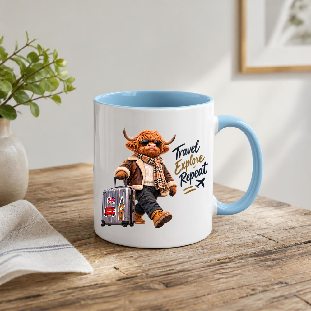 Travel Mug "Travel Explore Repeat Highland Cow" Travel Explore Repeat 325ml Ceramic Coffee Mug – Cool Explorer Highland Cow with Suitcase Shearling Jacket Sunglasses Holiday Wanderlust Gift | Available in Multicolours | Fast Dispatch by UK Seller (M3288)