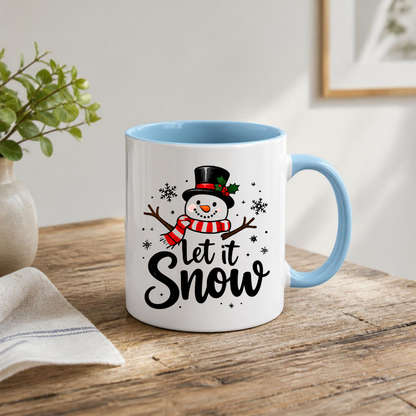 Snowman Christmas Mug "Let It Snow" Let It Snow 325ml Ceramic Coffee Mug – Cute Smiling Snowman with Top Hat, Red Striped Scarf & Flurry Snowflakes | Winter Holiday Gift | Fast Dispatch by UK Seller (M3433)