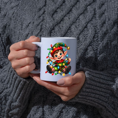 Festive Mug Tangled Fairy Lights Christmas Elf 325ml Ceramic Coffee Mug Cute Holiday Tea Cup with Jingle Bell Hat & Colorful Lights Gift | Available in Multicolours | Fast Dispatch by UK Seller (M1243)