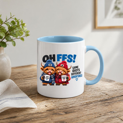 Winter Besties Highland Cows Mug "OH FFS! Same Idiots Different Adventures!" Oh Ffs! Same Idiots Different Adventures! 325ml Ceramic Coffee Mug –Cute Highland Cows in Bobble Hats with Mugs & Scarves | Funny Bestie Gift | Fast Dispatch by UK Seller (M3372)