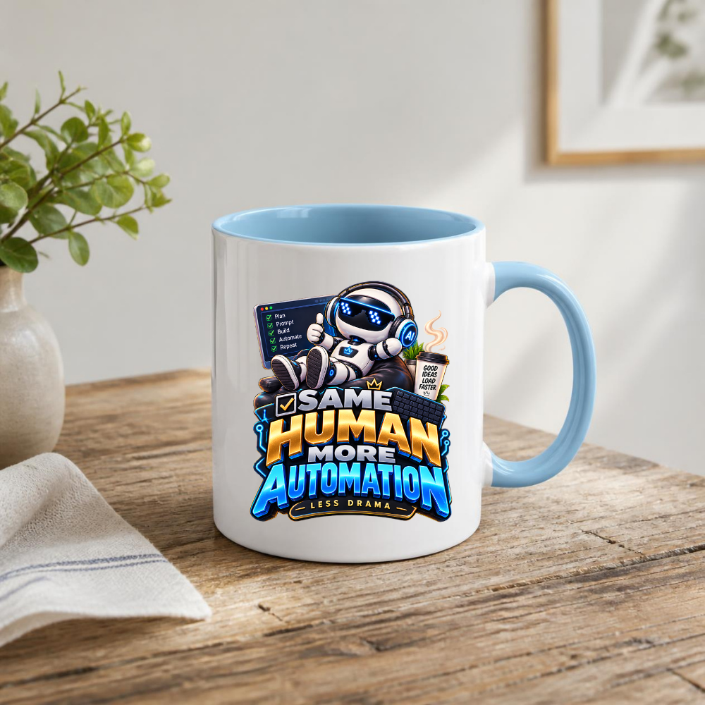 Tech Mug "Same Human More Automation Less Drama" Same Human More Automation Less Drama 325ml Ceramic Coffee Mug – Funny Robot IT Developer Mug with Plan Prompt Build Automate Repeat | Gift for Developers | Fast Dispatch by UK Seller (M3328)