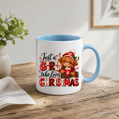 Christmas Highland Cow Mug "Just A Girl Who Loves Christmas" Just A Girl Who Loves Christmas 325ml Ceramic Coffee Mug – Festive Highland Cow in Santa Hat with Hot Cocoa & Buffalo Plaid Typography | Holiday Gift | Fast Dispatch by UK Seller (M3460)