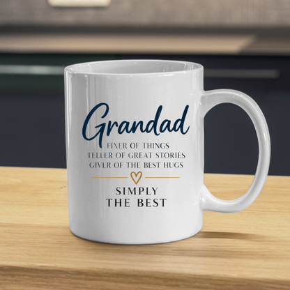 Grandad Mug "Grandad FIXER OF THINGS TELLER OF GREAT STORIES SIMPLY THE BEST" Sweet Grandpa 325ml Ceramic Coffee Mug Heartwarming Grandad Tea Cup with Gold Heart Graphic Gift | Available in Multicolours | Fast Dispatch by UK Seller (M3023)