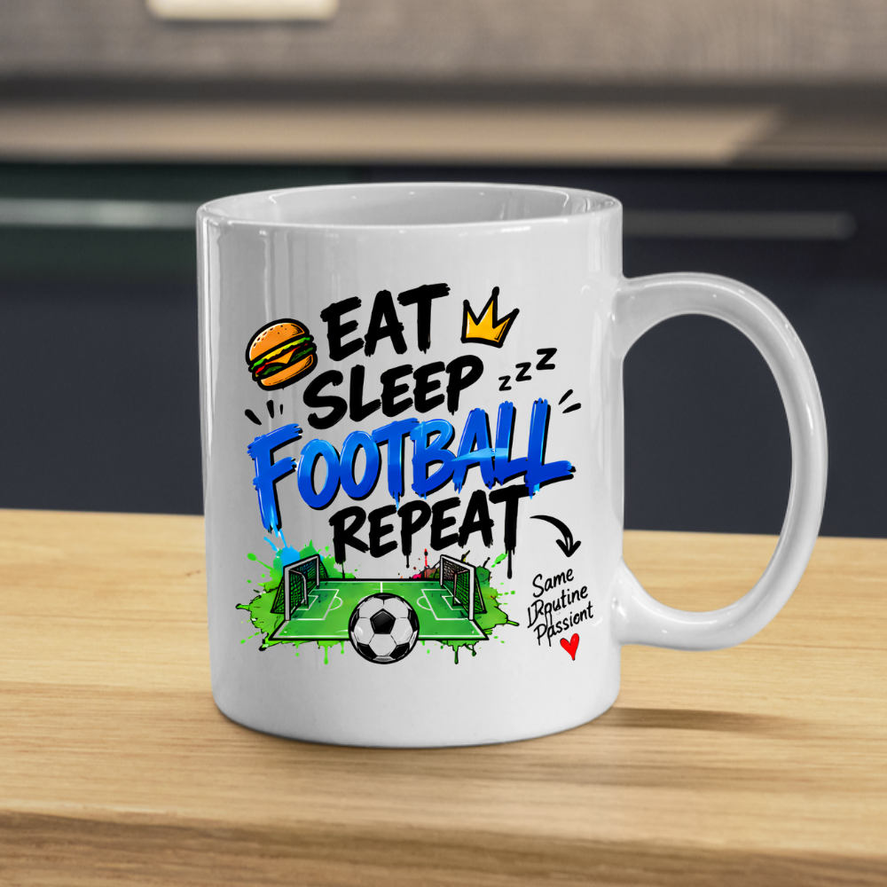 Football Mug "EAT SLEEP FOOTBALL REPEAT" Pitch Graphic 325ml Ceramic Coffee Mug Sporty Routine Tea Cup with Burger, Crown, Pitch & "Same Routine Passion" Graphic Gift | Available in Multicolours | Fast Dispatch by UK Seller (M3097)