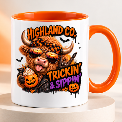 Halloween Mug "Highland Cow Trickin' & Sippin'" Highland Cow Trickin' and Sippin' 325ml Ceramic Coffee Mug – Funny Halloween Autumn Tea Cup With Cool Highland Cow Sunglasses Bandana Jack O Lanterns Graphic Gift | Fast Dispatch by UK Seller (M3211)