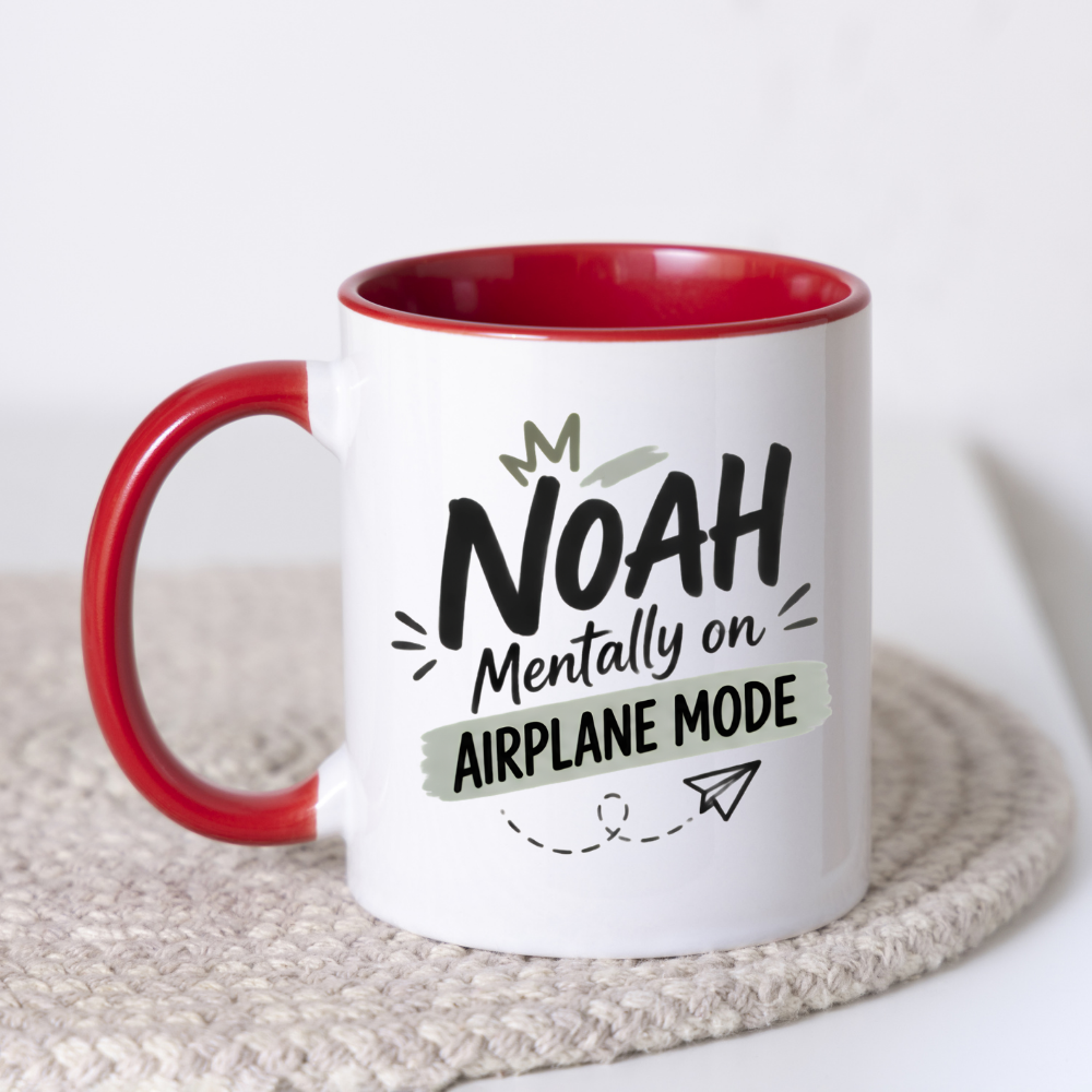 Personalized Name Mug "Noah Mentally On Airplane Mode" Noah Mentally On Airplane Mode 325ml Ceramic Coffee Mug – Custom Name Typography Slogan with Crown, Grey Brushstroke Banner & Paper Plane Graphic | Funny Gift | Fast Dispatch by UK Seller (M3453)