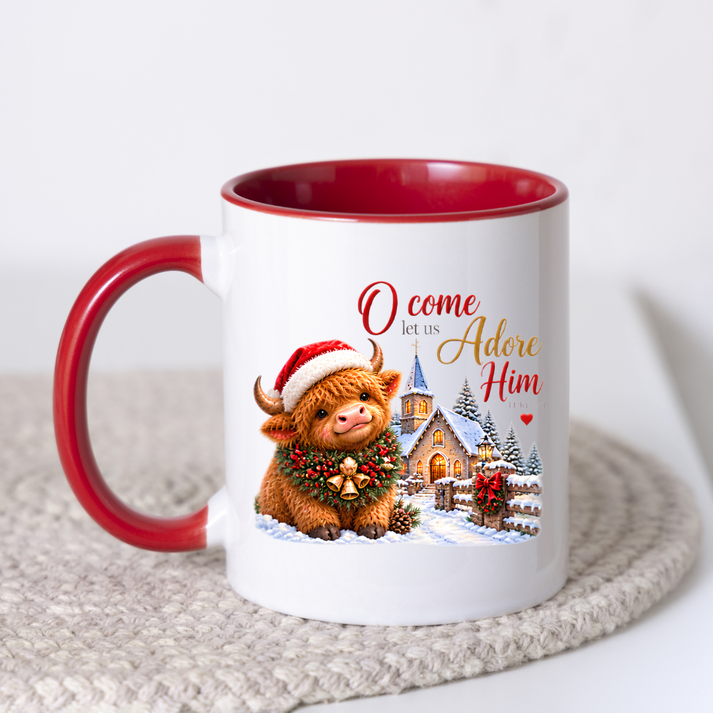 Christmas Mug "O Come Let Us Adore Him Highland Cow" Luke 2:11 325ml Ceramic Coffee Mug – Festive Highland Cow Mug With Christmas Bells Snowy Church Fence Christian Holiday Gift | Available in Multicolours | Fast Dispatch by UK Seller (M3310)