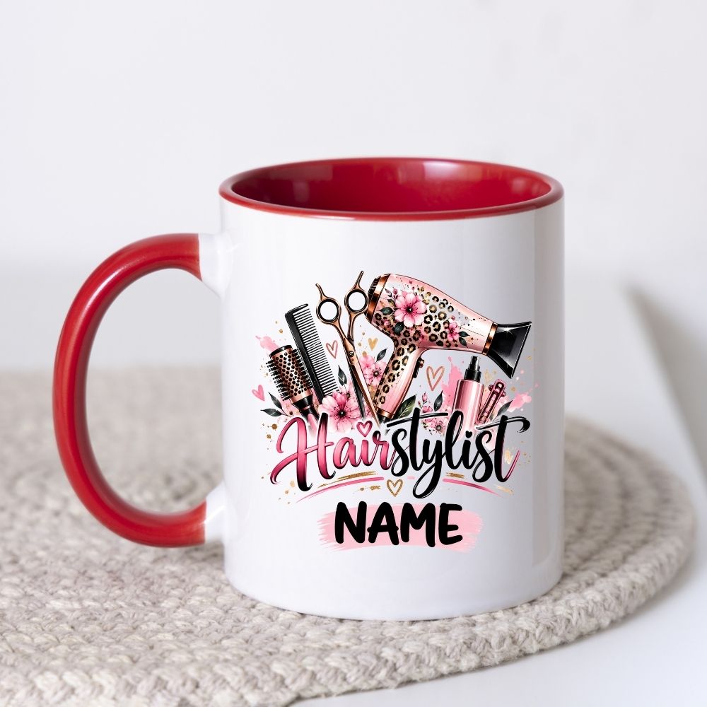 Personalised Mug "Hairstylist" Custom Name Hairdresser Coffee Cup 350ml Ceramic, Male Female Barber Hair Salon Design, Pink Floral Blue Hair Tools, Gift for Stylist Beautician Colleague, Birthday Christmas Secret Santa | Fast Dispatch by UK Seller (M1196)