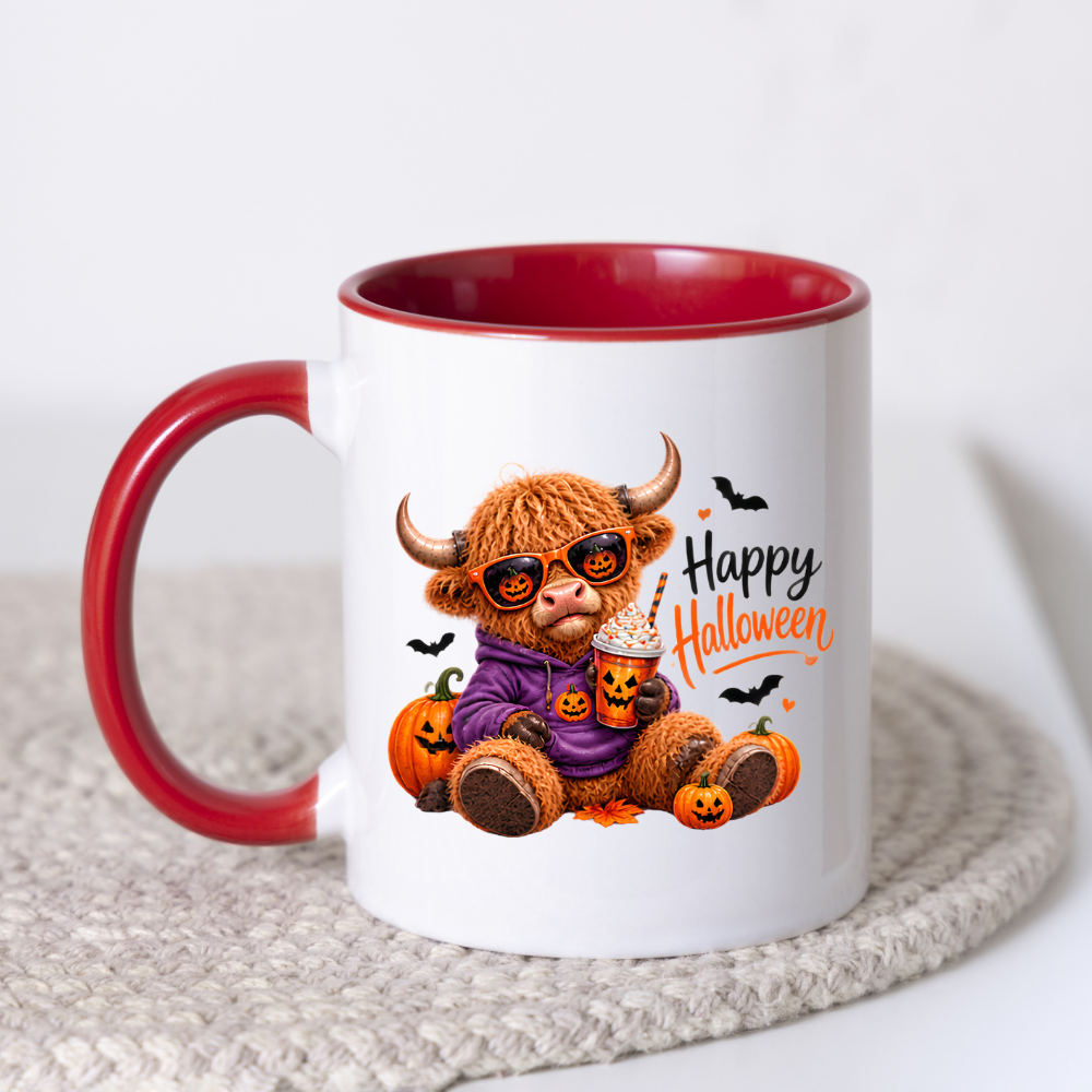 Halloween Mug "Cool Pumpkin Spice Happy Halloween" Cool Hoodie Highland Cow 325ml Ceramic Coffee Mug – Trendy Halloween Tea Cup with Pumpkin Sunglasses Iced Drink Graphic Gift | Available in Multicolours | Fast Dispatch by UK Seller (M3169)