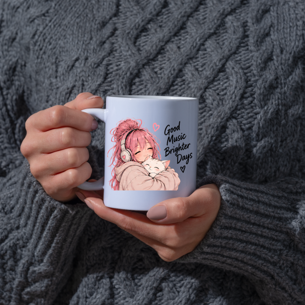 Inspirational Anime Mug "Good Music Brighter Days" Pink Hair Girl & Cat 325ml Ceramic Coffee Mug Wholesome Tea Cup with Headphones & Sleeping Kitten Graphic Gift | Available in Multicolours | Fast Dispatch by UK Seller (M3037)