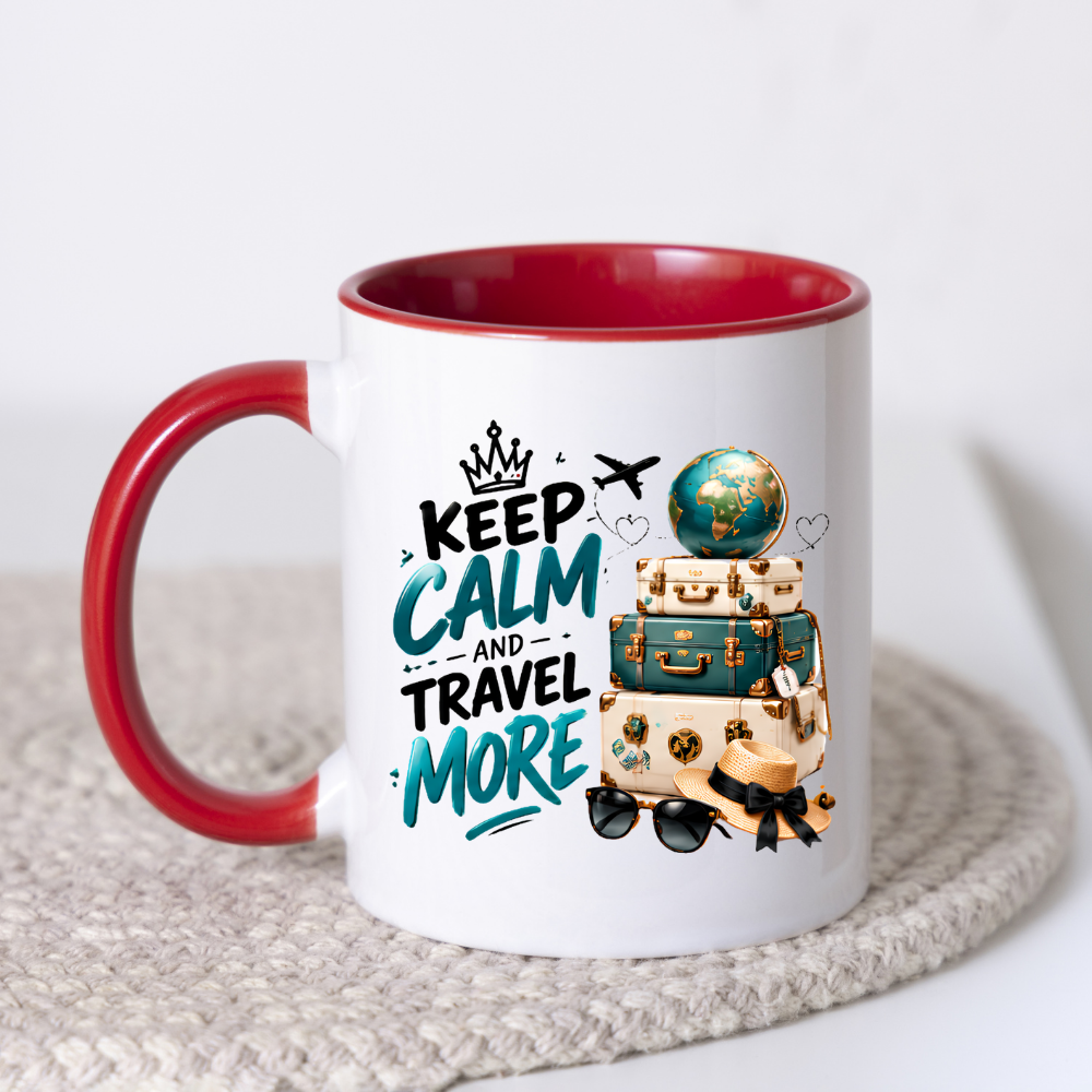 Travel Mug "Keep Calm And Travel More" 325ml Ceramic Coffee Tea Cup – Vintage Suitcases, Globe, Sunglasses & Slogan Novelty Gift for Travelers, Adventurers, Birthday – Fast Dispatch by UK Seller (M3508)