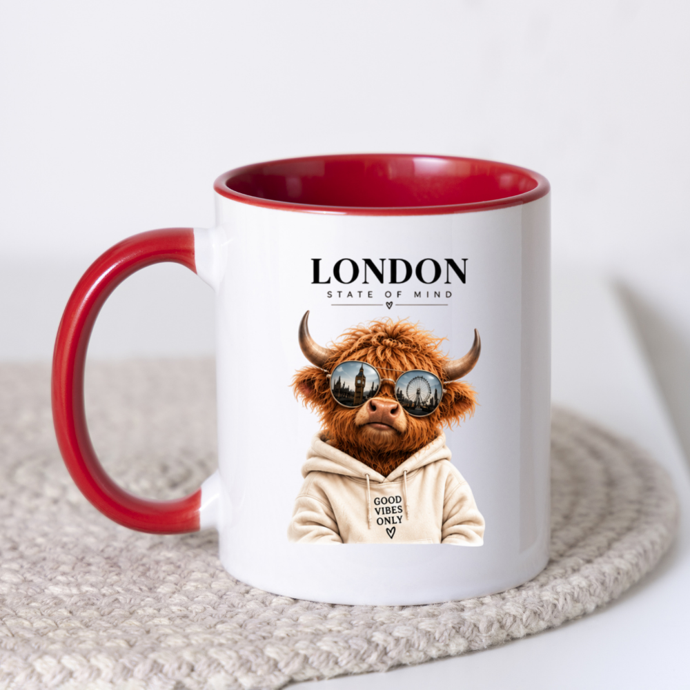 London State of Mind Highland Cow Mug "LONDON State of Mind, Good Vibes Only" Graphic 325ml Ceramic Coffee Cup Cool Highland Cow in Sunglasses Novelty Tea Cup | Trendy London Gift for Her & Him | Available in Multicolours | Fast Dispatch (M3139)