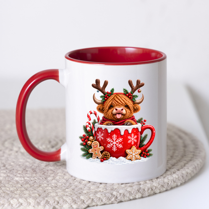 Christmas Mug "Reindeer Antlers Teacup Highland Cow" Reindeer Highland Cow 325ml Ceramic Coffee Mug – Cute Christmas Teacup Present with Gingerbread Man Candy Canes Graphic Gift | Available in Multicolours | Fast Dispatch by UK Seller (M3175)