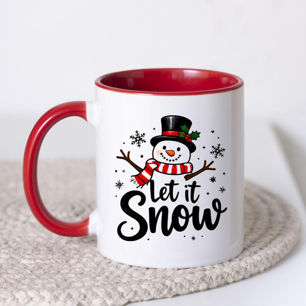 Snowman Christmas Mug "Let It Snow" Let It Snow 325ml Ceramic Coffee Mug – Cute Smiling Snowman with Top Hat, Red Striped Scarf & Flurry Snowflakes | Winter Holiday Gift | Fast Dispatch by UK Seller (M3433)