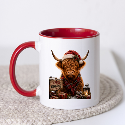 Festive Mug "Merry Christmas Highland Cow" Christmas Highland Cow 325ml Ceramic Coffee Mug Festive Winter Tea Cup with Santa Hat and Tartan Scarf Graphic Gift | Available in Multicolours | Fast Dispatch by UK Seller (M3157)
