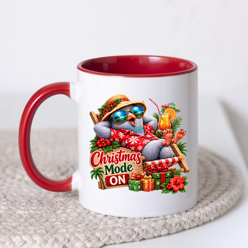 Tropical Christmas Mug "Christmas Mode ON Cool Bird" 325ml Ceramic Coffee Mug – Funny Tropical Christmas Bird in Hawaiian Shirt Sunglasses Straw Hat Relaxing On Deck Chair Holiday Gift | Available in Multicolours | Fast Dispatch by UK Seller (M3270)