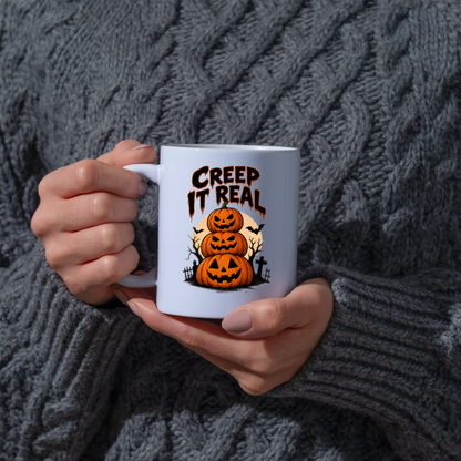 Halloween Mug "CREEP IT Real" Pumpkin Stack 325ml Ceramic Coffee Mug – Novelty Autumn Tea Cup with Jack-o'-Lantern Trio & Graveyard Graphic Gift | Available in Multicolours | Fast Dispatch by UK Seller (M3073)