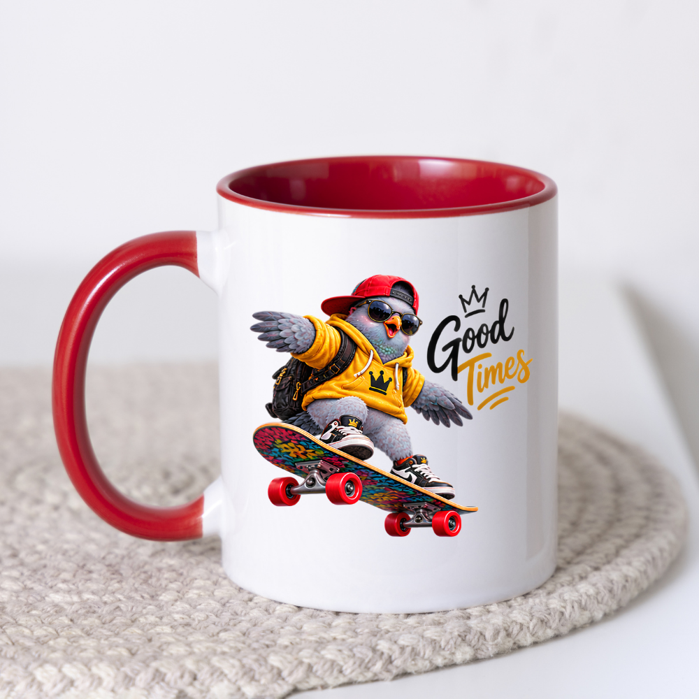 Skateboard Mug "Good Times Cool Pigeon" Good Times 325ml Ceramic Coffee Mug – Cool Skater Pigeon in Yellow Hoodie, Cap, Sunglasses & Skateboard Fun Gift For Skaters Friends | Available in Multicolours | Fast Dispatch by UK Seller (M3245)