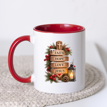 Christmas Mug "Faith Hope Love Jesus Wooden Signpost" 325ml Ceramic Coffee Mug – Christian Christmas Mug With Cross Candle Lantern Pine Sprigs Rustic Festive Gift | Available in Multicolours | Fast Dispatch by UK Seller (M3302)