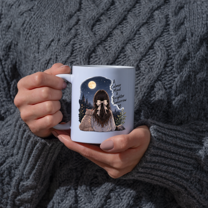 Inspirational Mug "A Calmer Mind A Brighter Tomorrow" Girl & Cat Night Sky 325ml Ceramic Coffee Mug Serene Anime Tea Cup with Full Moon & City Skyline Graphic Gift | Available in Multicolours | Fast Dispatch by UK Seller (M3029)