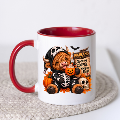 Halloween Mug "Skeleton Onesie Spooky Coffee Happier Days Highland Co." Skeleton Onesie Highland Cow 325ml Ceramic Coffee Mug – Cute Halloween Tea Cup Skull Onesie Pumpkin Mug Graphic Gift | Available in Multicolours | Fast Dispatch by UK Seller (M3181)