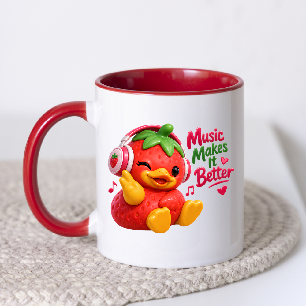 Music Mug "Music Makes It Better Strawberry Duck" 325ml Ceramic Coffee Mug – Cute Winking Strawberry Duck with Pink Headphones Peace Sign Fun Gift For Music Lovers Friends | Available in Multicolours | Fast Dispatch by UK Seller (M3251)