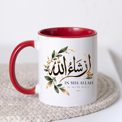 Islamic Mug "In Sha Allah If Allah Wills" In Sha Allah If Allah Wills 325ml Ceramic Coffee Mug – Elegant Arabic Calligraphy & Botanical Foliage Wreath Artwork | Islamic Spiritual Gift | Fast Dispatch by UK Seller (M3477)