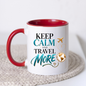 Travel Mug "Keep Calm And Travel More" 325ml Ceramic Coffee Tea Cup – Teal & Gold Typography, Globe & Airplane Slogan Novelty Gift for Travelers, Adventurers, Birthday – Fast Dispatch by UK Seller (M3495)