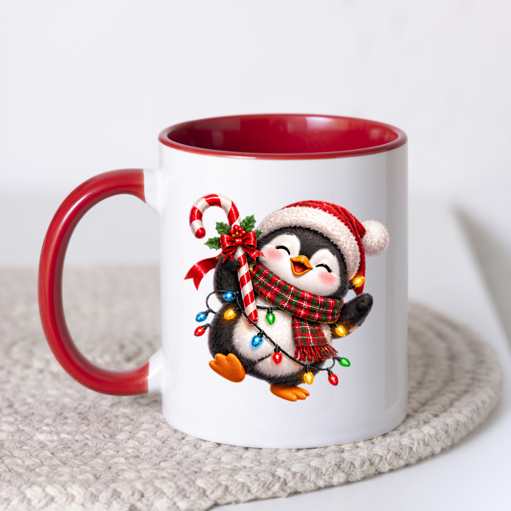 Christmas Mug "Happy Christmas Penguin Candy Cane" Happy Penguin 325ml Ceramic Coffee Mug – Festive Christmas Tea Cup with Santa Hat, Plaid Scarf Candy Cane Fairy Lights Graphic Gift | Available in Multicolours | Fast Dispatch by UK Seller (M3187)