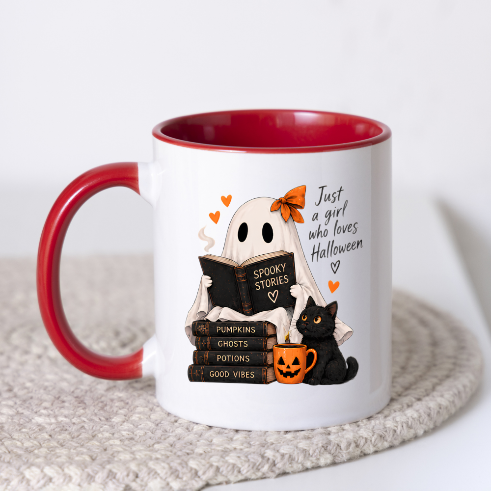 Halloween Mug "Reading Ghost Just a Girl Who Loves Halloween" 325ml Ceramic Coffee Mug–Cute Halloween Autumn Tea Cup With Reading Sheet Ghost Spooky Books Cat Graphic Gift | Available in Multicolours | Fast Dispatch by UK Seller (M3227)