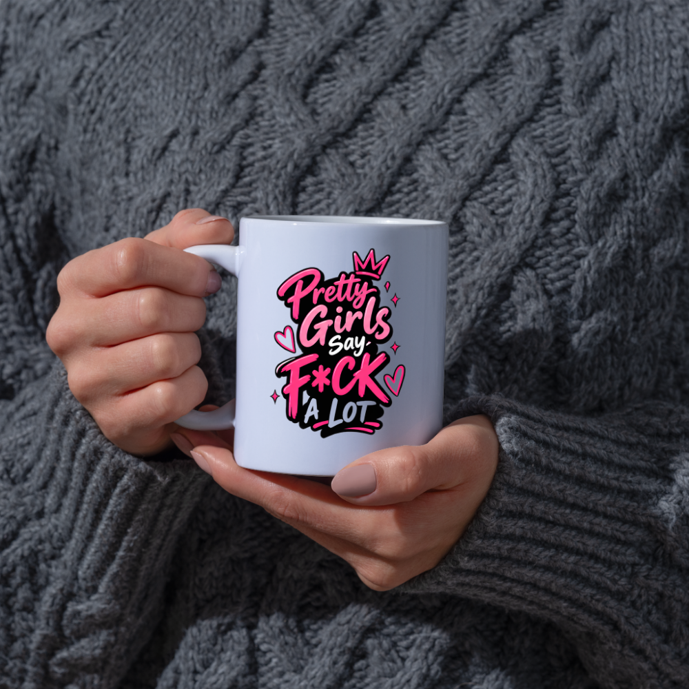 Sassy Mug "PRETTY GIRLS SAY F*CK A LOT" Pink Typography 325ml Ceramic Coffee Mug Novelty Sweary Tea Cup with Crown, Sparkles & Hearts Graphic Gift | Available in Multicolours | Fast Dispatch by UK Seller (M3089)