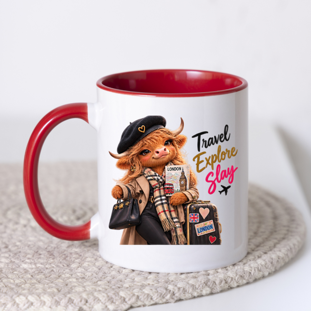 Travel Mug "Travel Explore Slay Highland Cow" Travel Explore Slay Highland Cow 325ml Ceramic Coffee Mug – Chic London Travel Tea Cup with Beret Trench Coat Scarf Graphic Gift | Available in Multicolours | Fast Dispatch by UK Seller (M3199)