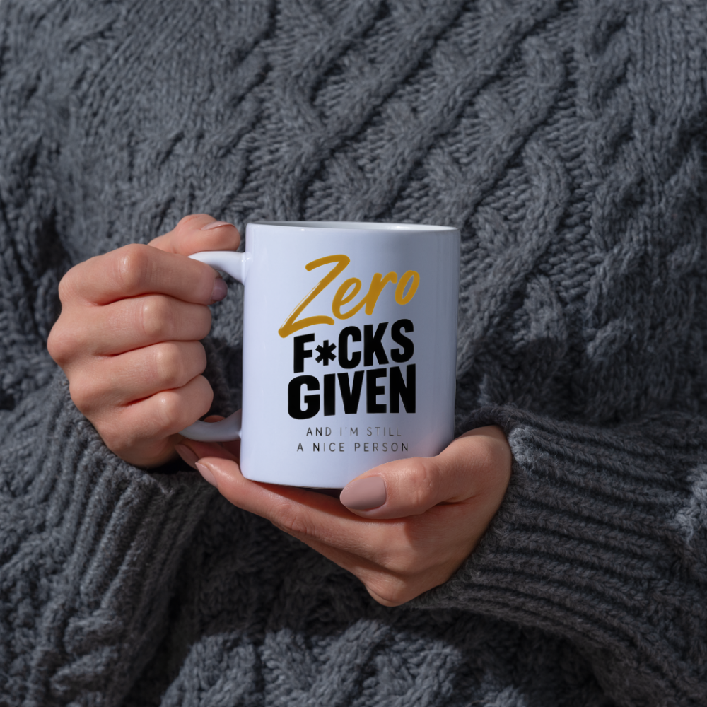 Sarcastic Mug "Zero F*CKS GIVEN And I'M Still A Nice Person" Gold Cursive Typography 325ml Ceramic Coffee Mug – Funny Swearing Tea Cup with Mustard Yellow Text Gift | Available in Multicolours | Fast Dispatch by UK Seller (M3065)