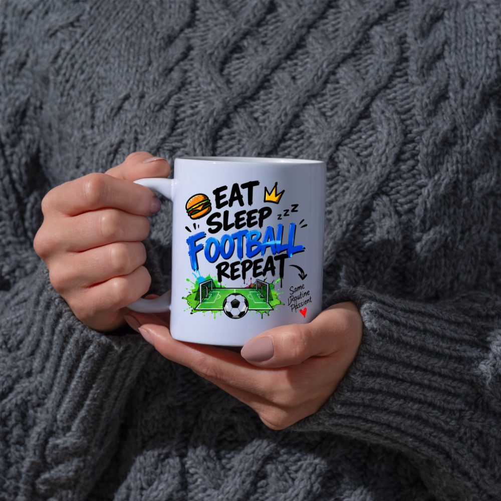 Football Mug "EAT SLEEP FOOTBALL REPEAT" Pitch Graphic 325ml Ceramic Coffee Mug Sporty Routine Tea Cup with Burger, Crown, Pitch & "Same Routine Passion" Graphic Gift | Available in Multicolours | Fast Dispatch by UK Seller (M3097)