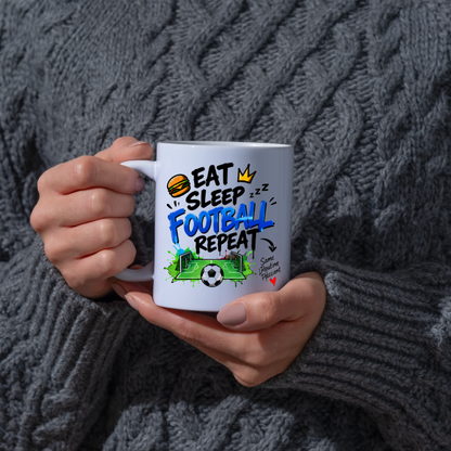 Football Mug "EAT SLEEP FOOTBALL REPEAT" Pitch Graphic 325ml Ceramic Coffee Mug Sporty Routine Tea Cup with Burger, Crown, Pitch & "Same Routine Passion" Graphic Gift | Available in Multicolours | Fast Dispatch by UK Seller (M3097)