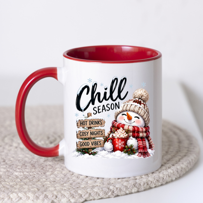 Snowman Chill Season Mug "Chill Season Hot Drinks Cosy Nights Good Vibes" Chill Season Hot Drinks 325ml Ceramic Coffee Mug – Cute Snowman in Beanie & Scarf holding Hot Chocolate Mug with Wooden Sign Post | Winter Gift | Fast Dispatch by UK Seller (M3400)