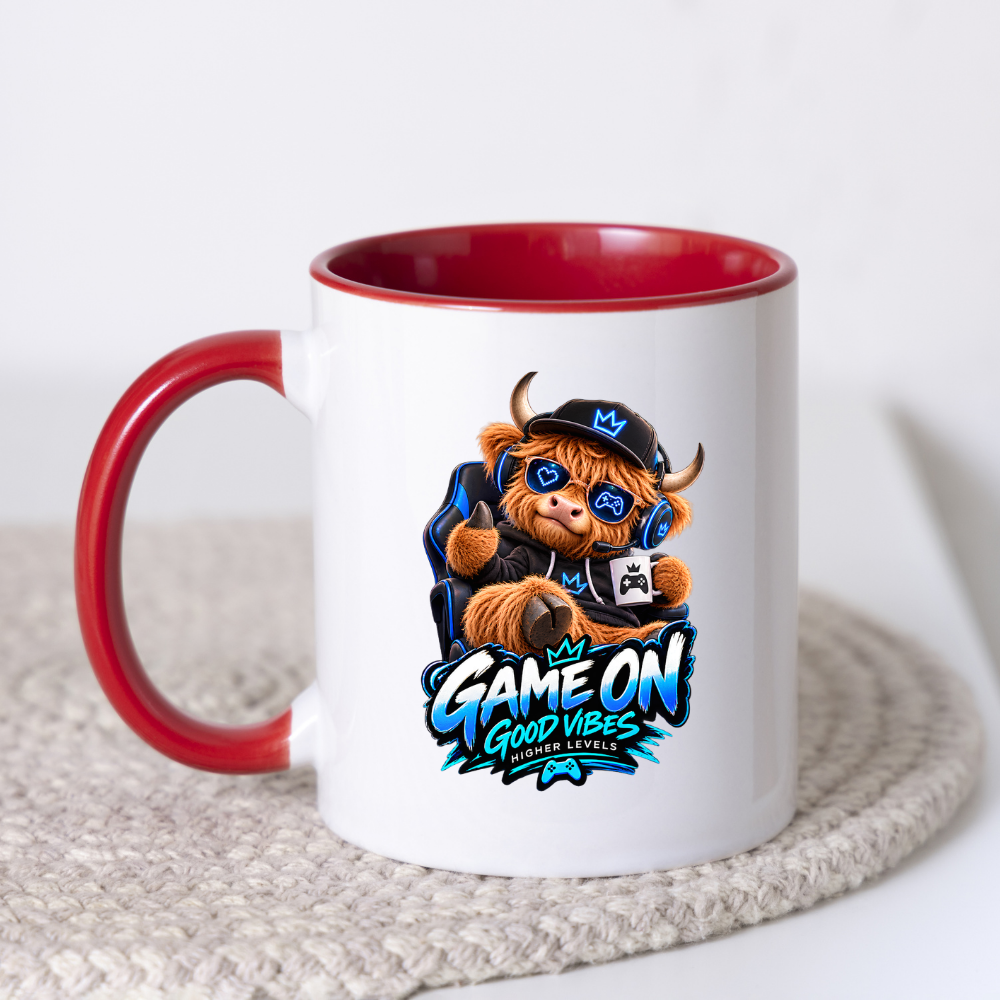 Gaming Mug "Game On Good Vibes Higher Levels" Game On Good Vibes Higher Levels 325ml Ceramic Coffee Mug – Cute Highland Cow Gamer in Chair with Headset, Mug & Blue Splatter Art | Video Game Gift | Fast Dispatch by UK Seller (M3348)
