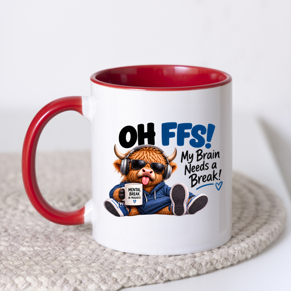 Highland Cow Mental Break Mug "OH FFS! My Brain Needs a Break!" Oh Ffs! My Brain Needs a Break! 325ml Ceramic Coffee Mug – Cute Highland Cow with Headphones, Sunglasses & "Mental Break" Mug | Funny Office Gift | Fast Dispatch by UK Seller (M3382)