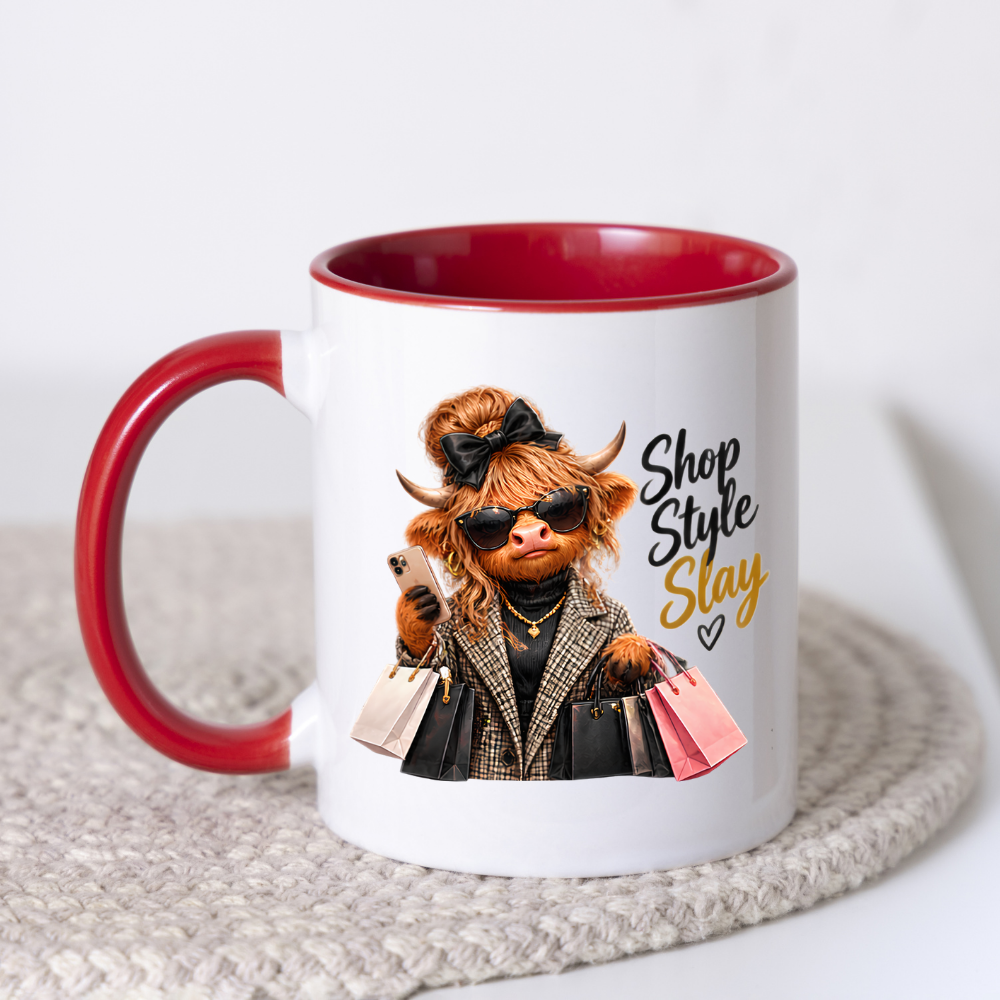 Highland Cow Mug "Shop Style Slay Highland Cow" Shop Style Slay 325ml Ceramic Coffee Mug – Glamorous Highland Cow with Shopping Bags, Smartphone Sunglasses Plaid Coat Fashion Gift | Available in Multicolours | Fast Dispatch by UK Seller (M3282)