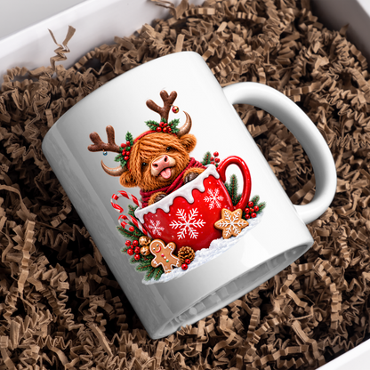 Christmas Mug "Reindeer Antlers Teacup Highland Cow" Reindeer Highland Cow 325ml Ceramic Coffee Mug – Cute Christmas Teacup Present with Gingerbread Man Candy Canes Graphic Gift | Available in Multicolours | Fast Dispatch by UK Seller (M3175)