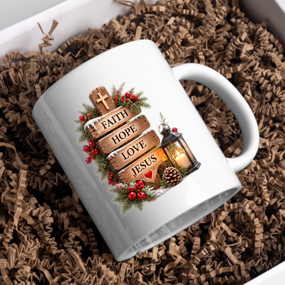 Christmas Mug "Faith Hope Love Jesus Wooden Signpost" 325ml Ceramic Coffee Mug – Christian Christmas Mug With Cross Candle Lantern Pine Sprigs Rustic Festive Gift | Available in Multicolours | Fast Dispatch by UK Seller (M3302)
