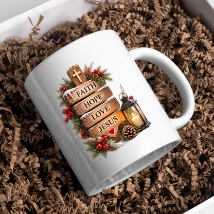 Christmas Mug "Faith Hope Love Jesus Wooden Signpost" 325ml Ceramic Coffee Mug – Christian Christmas Mug With Cross Candle Lantern Pine Sprigs Rustic Festive Gift | Available in Multicolours | Fast Dispatch by UK Seller (M3302)