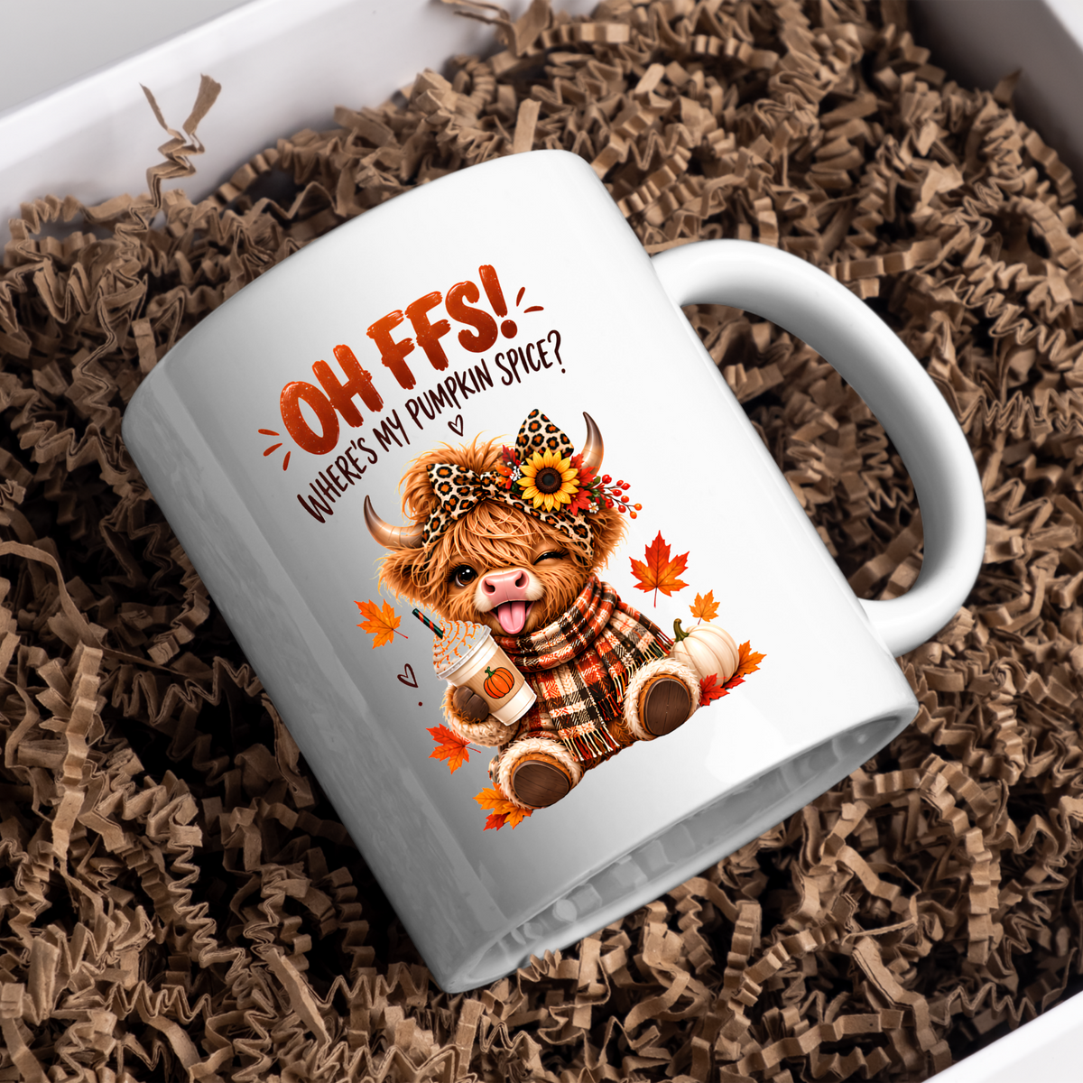 Autumn Highland Cow Mug "Oh FFS! Where's My Pumpkin Spice?" Oh FFS! Where's My Pumpkin Spice? 325ml Ceramic Coffee Mug – Cute Highland Cow with Leopard Bow, Scarf & Pumpkin Coffee | Fall Coffee Lover Gift | Fast Dispatch by UK Seller (M3364)