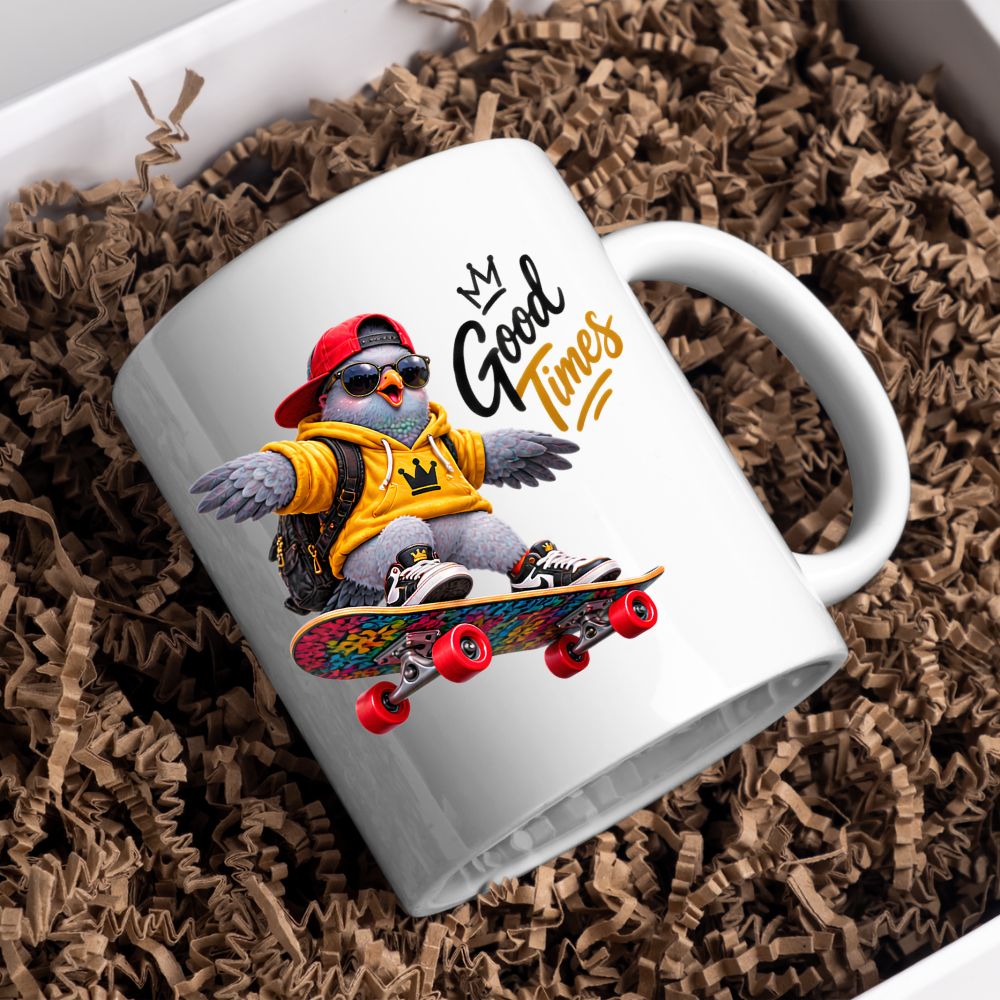 Skateboard Mug "Good Times Cool Pigeon" Good Times 325ml Ceramic Coffee Mug – Cool Skater Pigeon in Yellow Hoodie, Cap, Sunglasses & Skateboard Fun Gift For Skaters Friends | Available in Multicolours | Fast Dispatch by UK Seller (M3245)