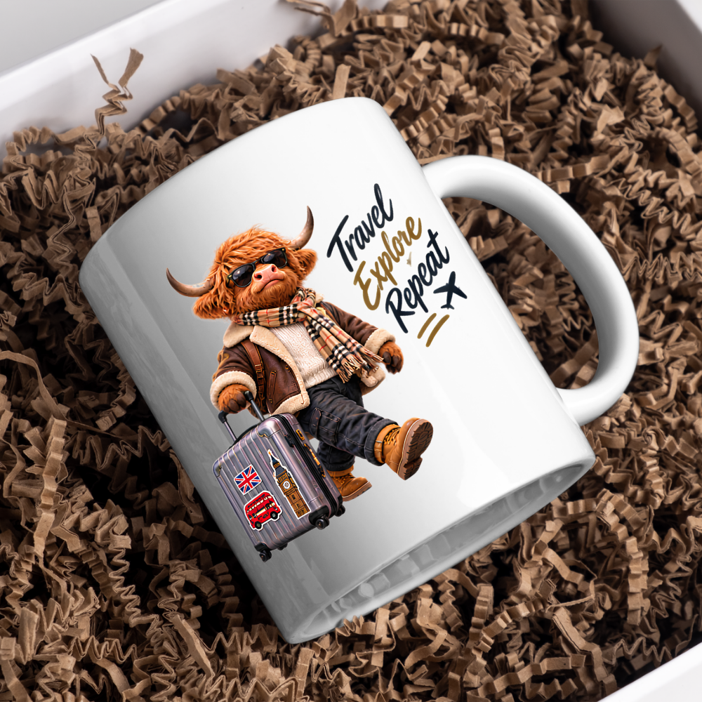Travel Mug "Travel Explore Repeat Highland Cow" Travel Explore Repeat 325ml Ceramic Coffee Mug – Cool Explorer Highland Cow with Suitcase Shearling Jacket Sunglasses Holiday Wanderlust Gift | Available in Multicolours | Fast Dispatch by UK Seller (M3288)